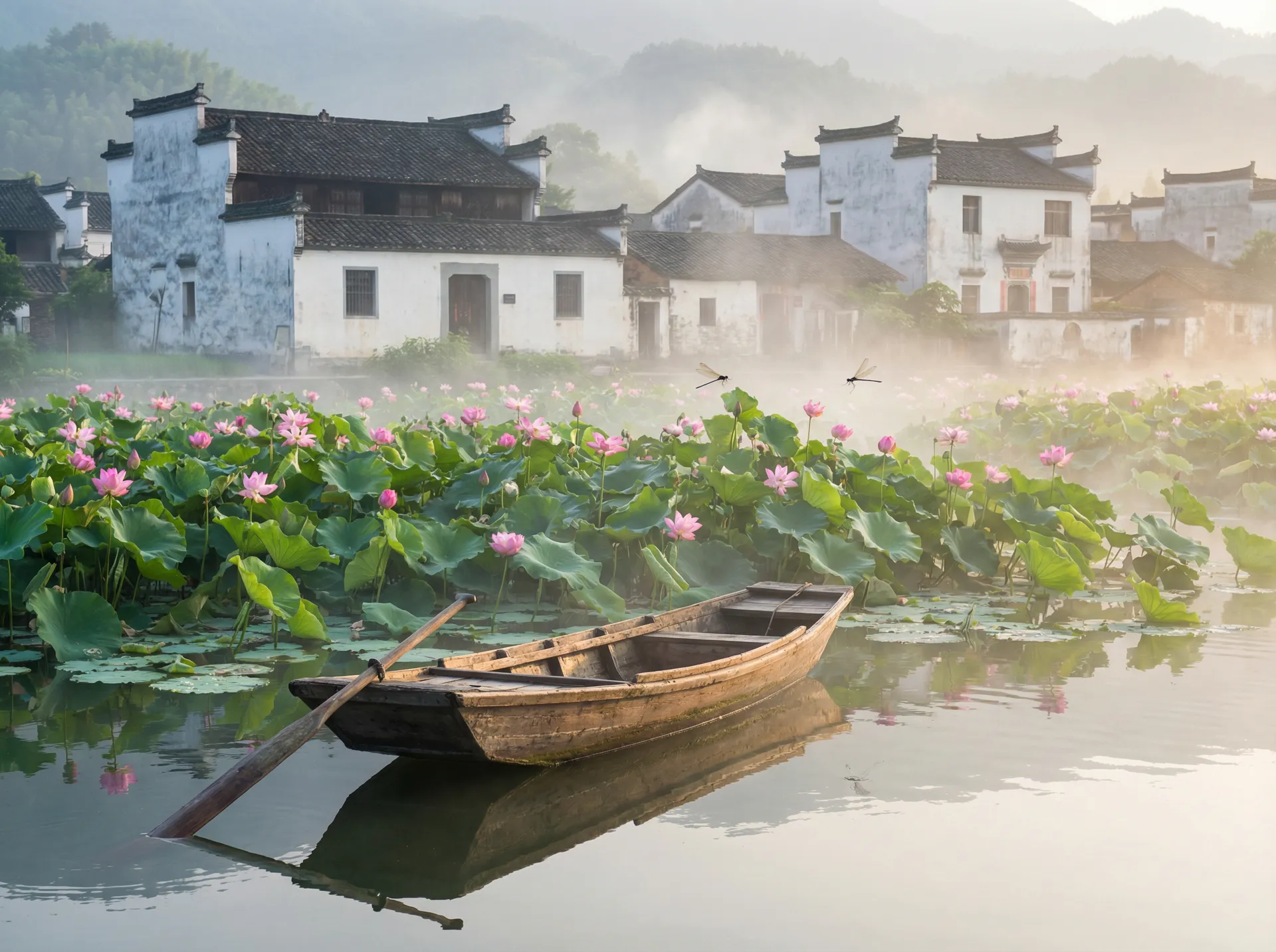 清晨荷塘小舟，粉色荷花盛开，白墙黑瓦的村庄 - 中国国产免费毛卡片 水乡风情